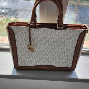 Michael Kors White and Brown MK Tote